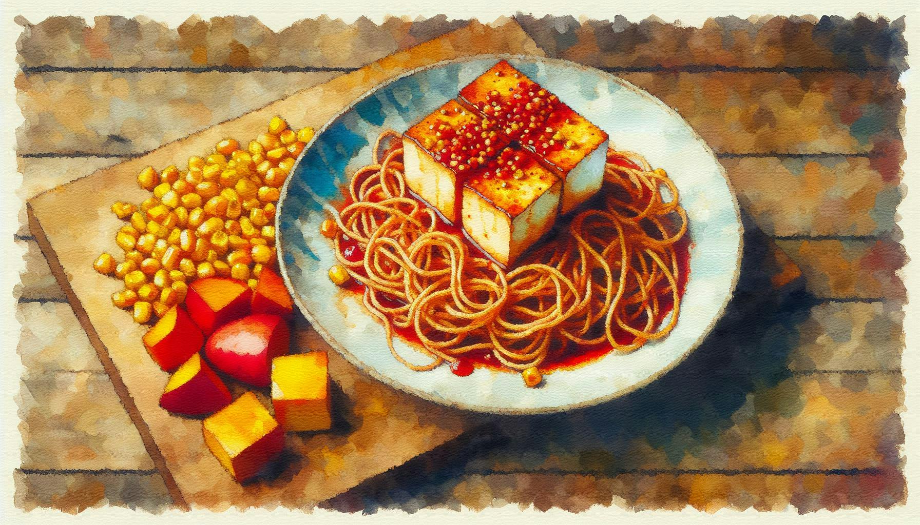 Generated painting of Baked Spicy Tofu with Bean Thread Noodles, Corn, and Mango