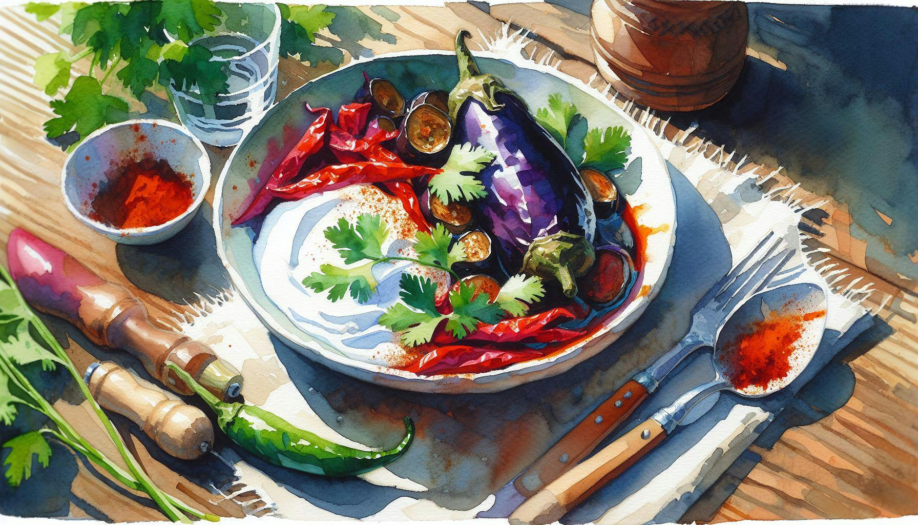 Generated painting of Braised Eggplant with Paprika, Coriander, and Yogurt