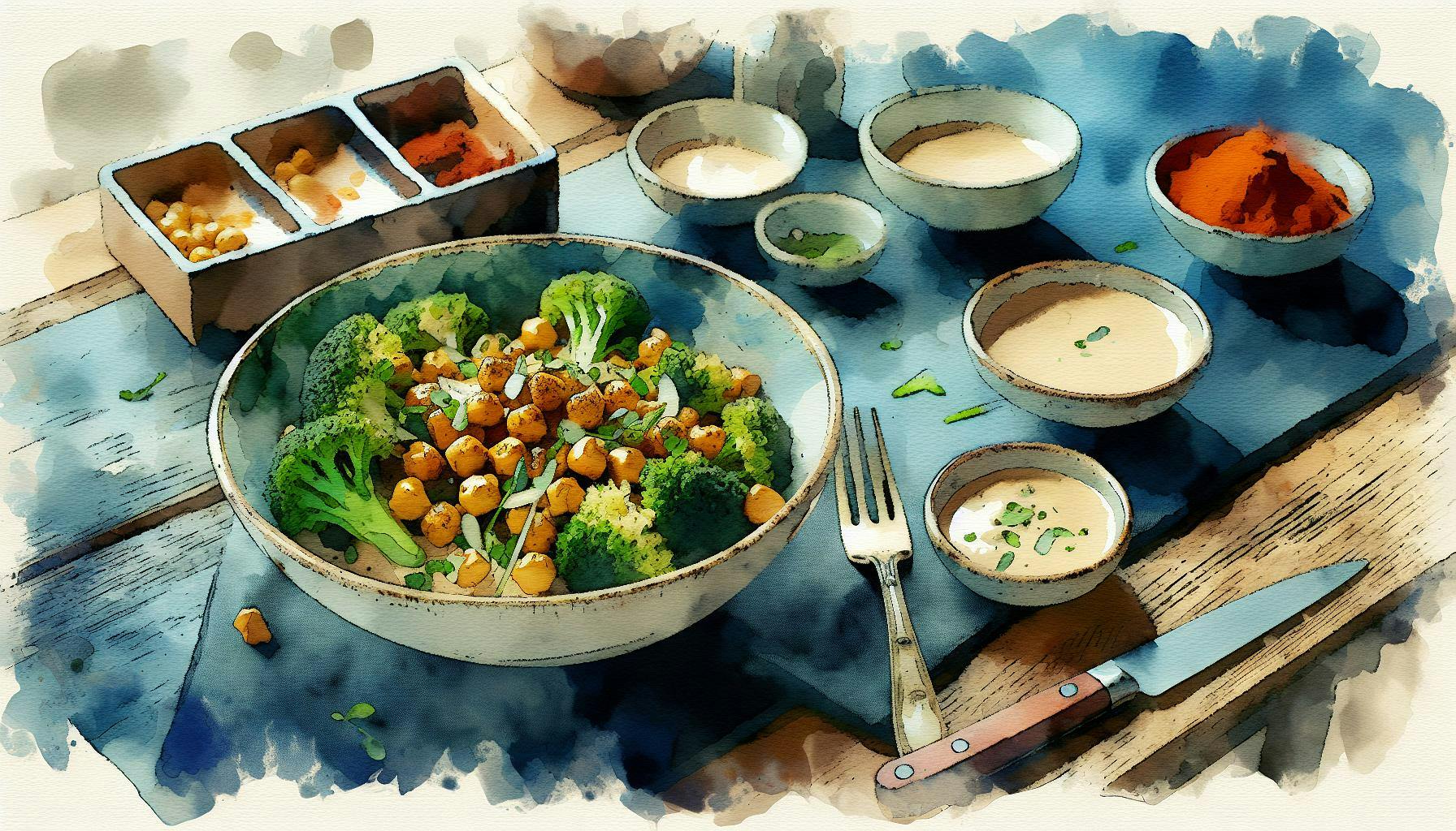 Generated painting of Chickpea and Broccoli Bowls with Creamy Garlic Sauce