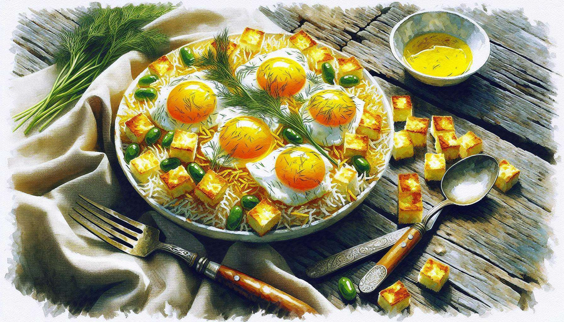 Generated painting of Crispy Rice With Dill and Runny Eggs