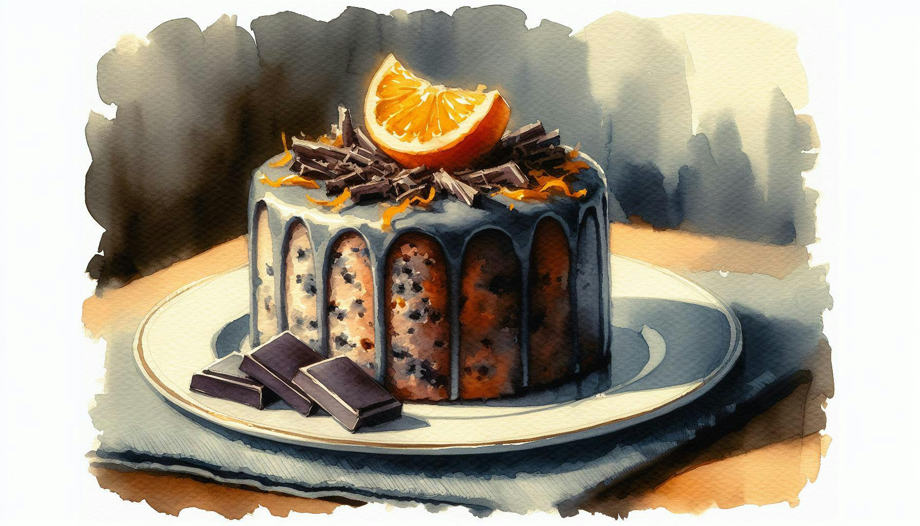 Generated painting of Earl Grey Tea Cake With Dark Chocolate and Orange Zest