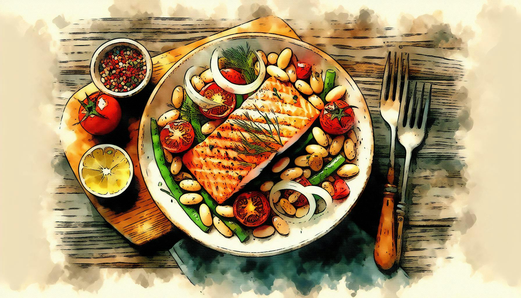 Generated painting of Roasted Salmon with Cannellini Beans, Fennel and Tomatoes