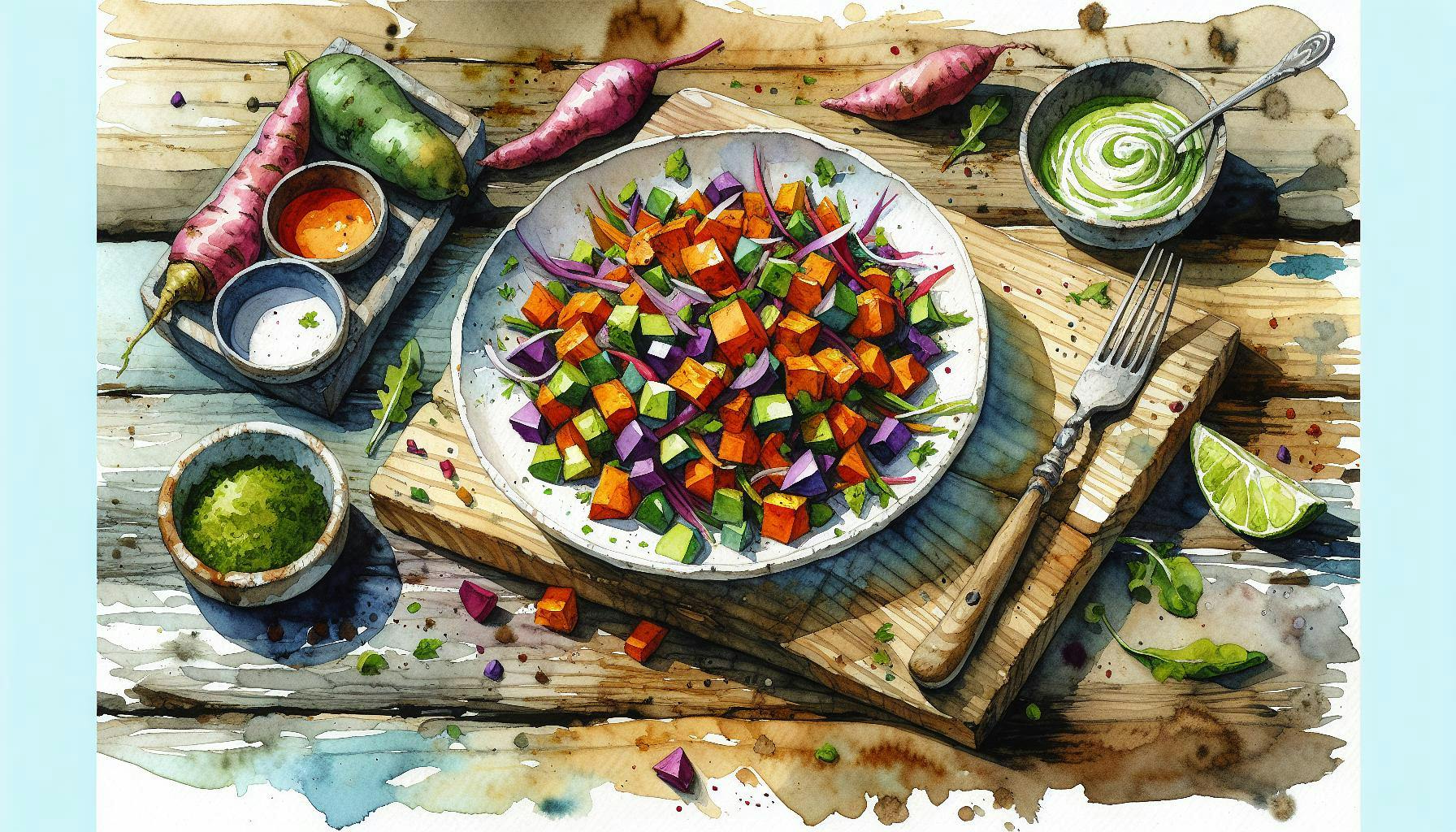 Generated painting of Roasted Sweet Potato Rainbow Salad with Lime Crema