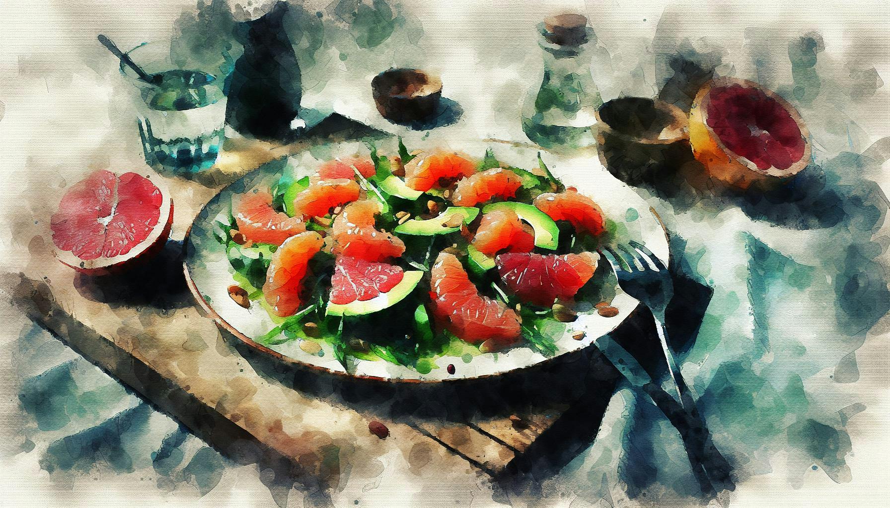 Generated painting of Salmon, Avocado, Grapefruit Watercrest Salad