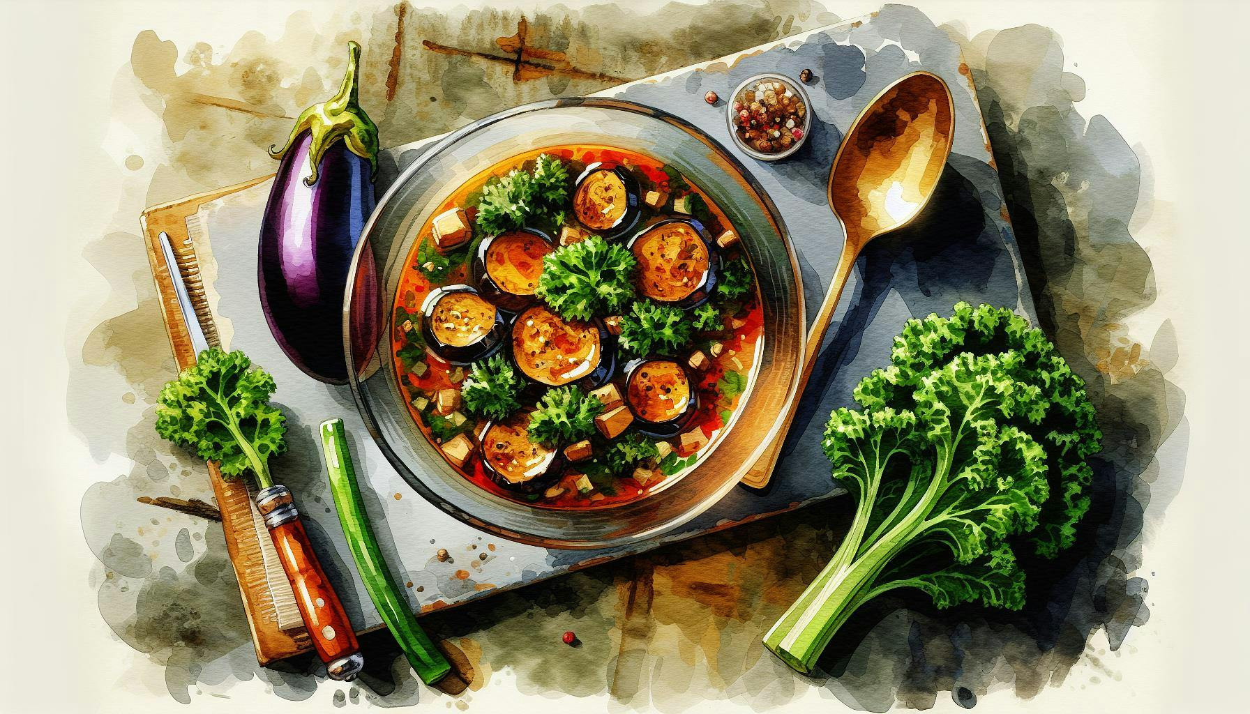 Generated painting of Spiced Eggplant and Kale Soup