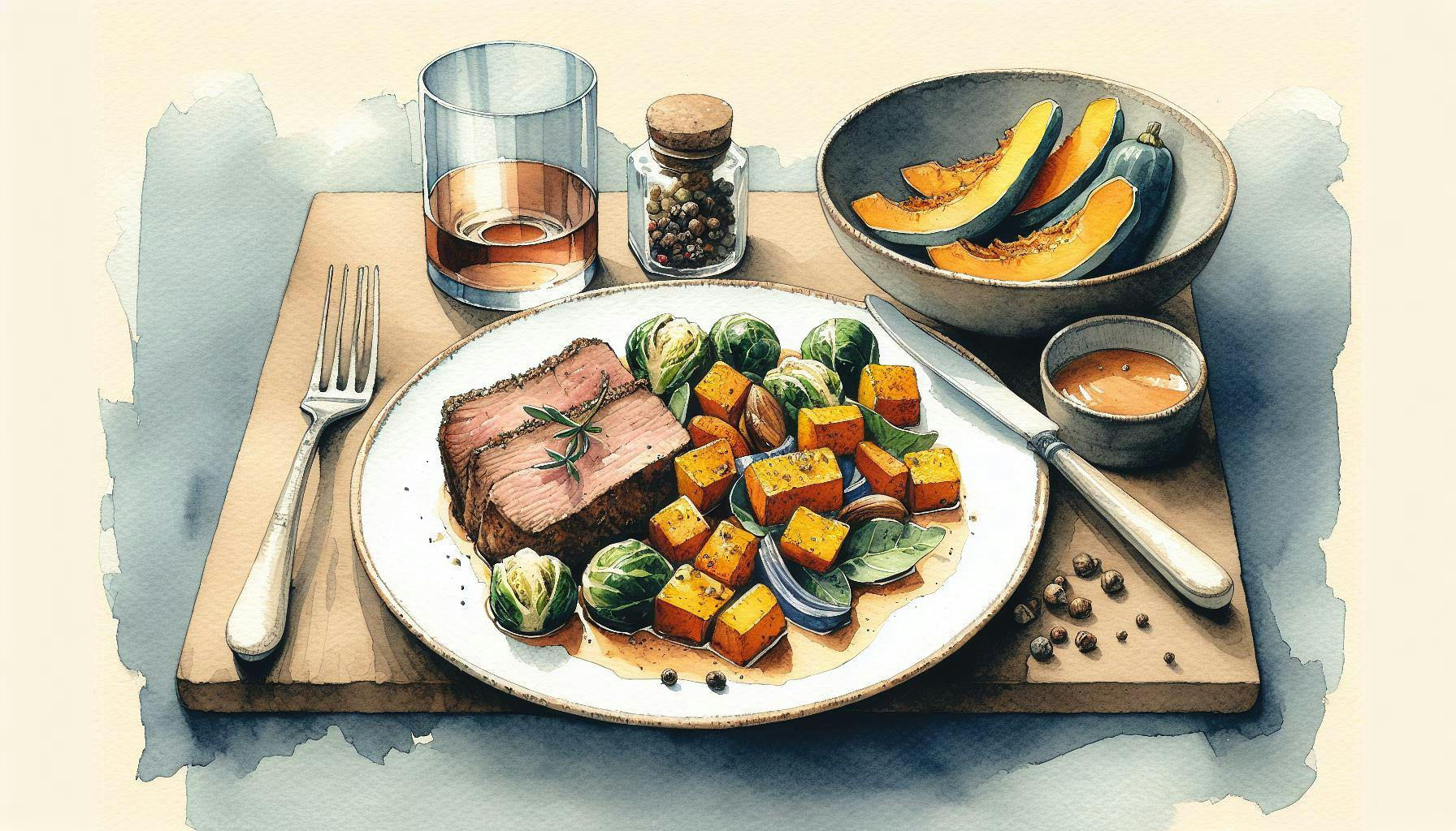 Generated painting of Spiced Pork Tenderloin with Butternut Squash and Brussels Sprouts