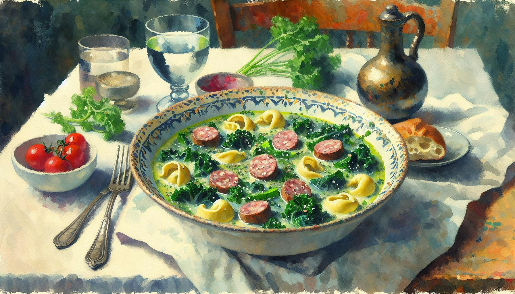 Generated painting of Tortellini Soup with Italian Sausage and Kale